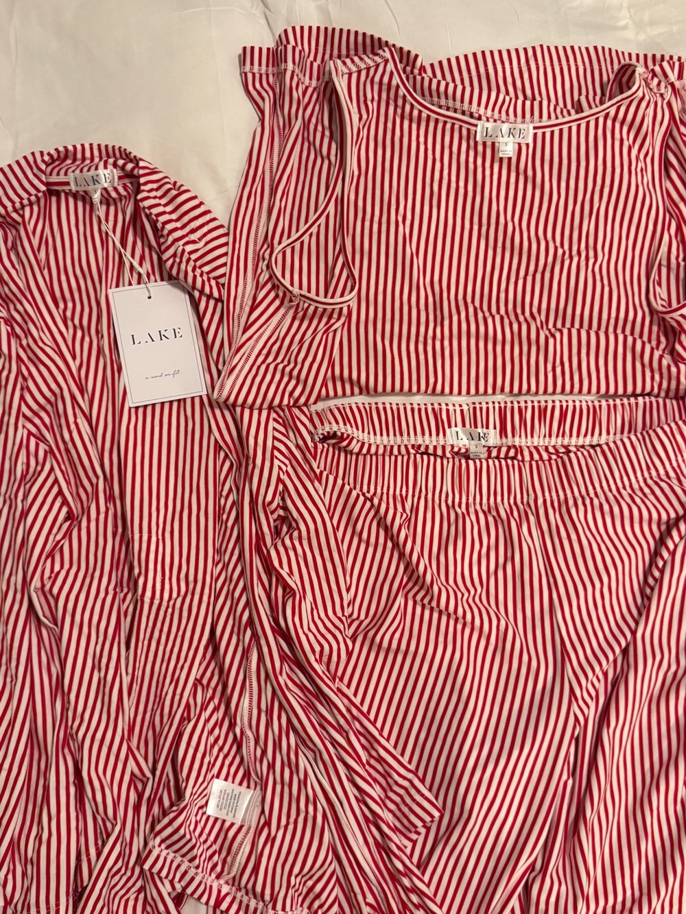 LAKE Dream Modal Kimono Pajama Set Red White Striped Size Small NWT